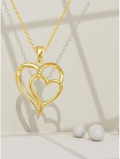 Cpckolf 14K Real Gold Heart Necklace for Women, Solid Gold Double Heart/Interlocking Heart / 2 Hearts Connected Pendant Necklace Birthday Anniversary Mother's Day Gift fo