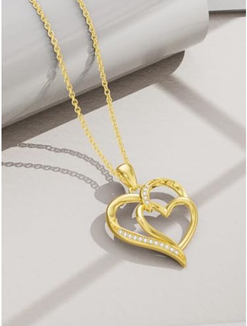 Cpckolf 14K Real Gold Heart Necklace for Women, Solid Gold Double Heart/Interlocking Heart / 2 Hearts Connected Pendant Necklace Birthday Anniversary Mother's Day Gift fo