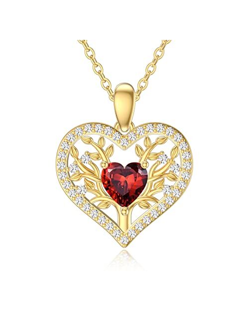 SISGEM 14K Real Gold Tree of Life Necklace for Women,Yellow Gold Family Tree Pendant Necklace Garnet Heart Jewerly Gifts for Birthday Christmas 16+1+1 inch