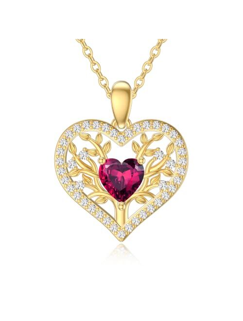 SISGEM 14K Real Gold Tree of Life Necklace for Women,Yellow Gold Family Tree Pendant Necklace Garnet Heart Jewerly Gifts for Birthday Christmas 16+1+1 inch