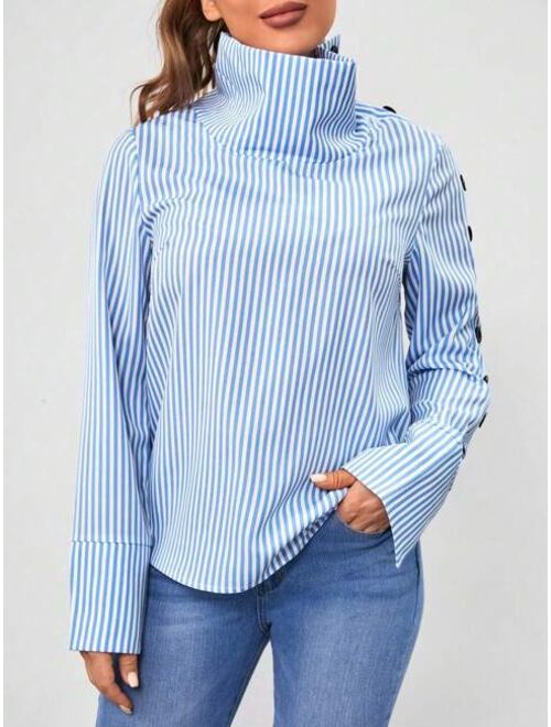 SHEIN Essnce Striped Print Button Detail High Neck Blouse