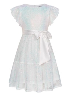 Girl Sequin Dress Ruffle Sleeve A-Line Holiday Party Dress 5-12Years