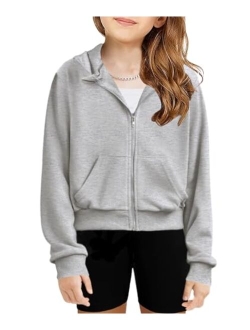 Girls Zip Up Cropped Hoodies Casual Long Sleeve Sweatshirts Jackets with Pockets