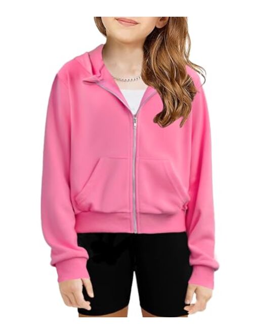 Arshiner Girls Zip Up Cropped Hoodies Casual Long Sleeve Sweatshirts Jackets with Pockets