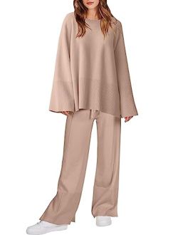 Women 2 Piece Outfits Sweatsuit Oversized Knit Pullover and Drawstring Wide Leg Pants Sweater Sets