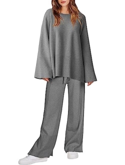 Women 2 Piece Outfits Sweatsuit Oversized Knit Pullover and Drawstring Wide Leg Pants Sweater Sets