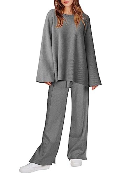 ANRABESS Women 2 Piece Outfits Sweatsuit Oversized Knit Pullover and Drawstring Wide Leg Pants Sweater Sets