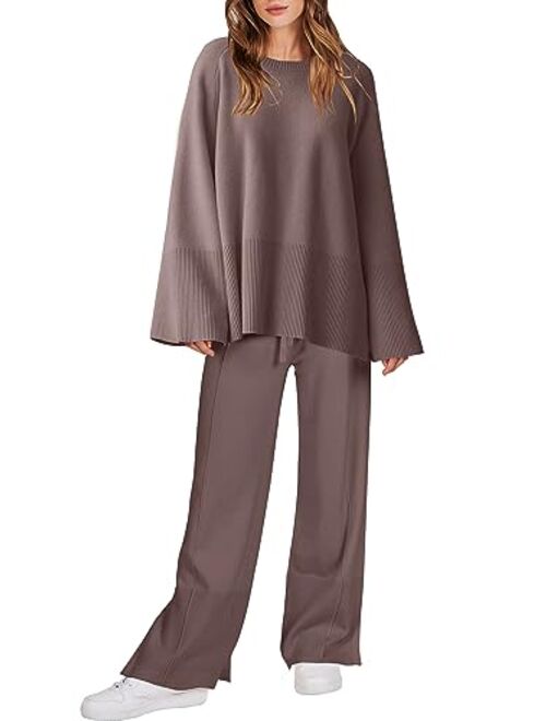 ANRABESS Women 2 Piece Outfits Sweatsuit Oversized Knit Pullover and Drawstring Wide Leg Pants Sweater Sets