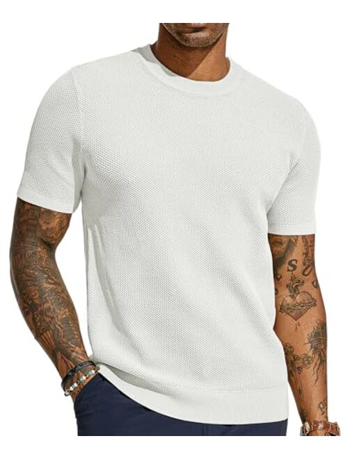 PJ PAUL JONES Men's T-Shirts Casual Knit Short Sleeve Crewneck Honeycomb Waffle Solid Knitted Pullover Tees