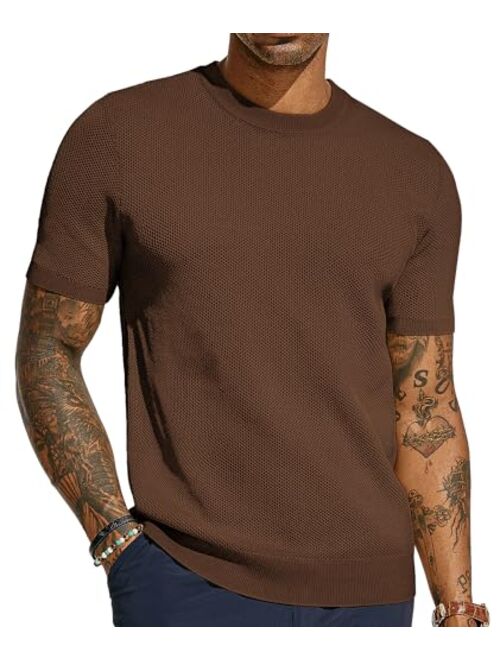 PJ PAUL JONES Men's T-Shirts Casual Knit Short Sleeve Crewneck Honeycomb Waffle Solid Knitted Pullover Tees