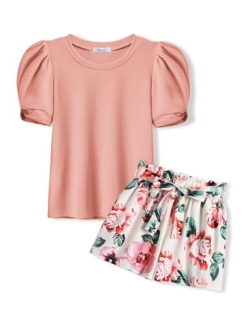 Girls 2 Piece Summer Outfits Knit Twist Puff Sleeve Top and High Waist Paper Bag Shorts Set with Pockets