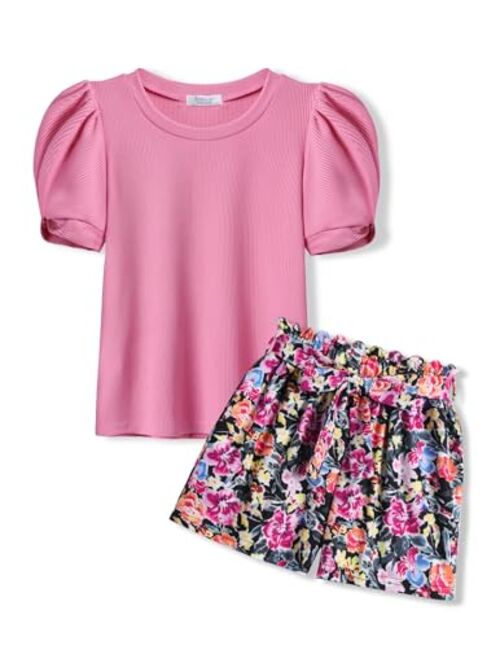 Arshiner Girls 2 Piece Summer Outfits Knit Twist Puff Sleeve Top and High Waist Paper Bag Shorts Set with Pockets