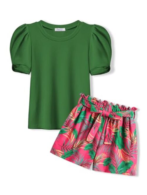 Arshiner Girls 2 Piece Summer Outfits Knit Twist Puff Sleeve Top and High Waist Paper Bag Shorts Set with Pockets