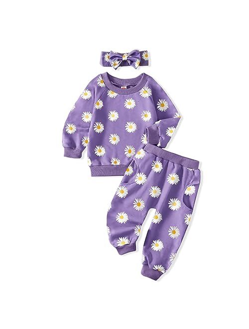 AMAWMW Infant Baby Girl Clothes Long Sleeve Loose Sweatshirts Pockets Pants Headband Outfits Fall Winter Spring Gift