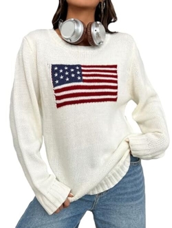 Women's Flag Pattern Long Sleeve Round Neck Sweater Casual Loose Pullover Sweater