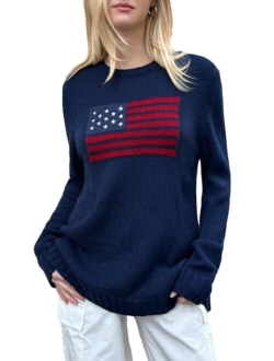 Women's Flag Pattern Long Sleeve Round Neck Sweater Casual Loose Pullover Sweater