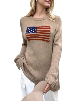 Women's Flag Pattern Long Sleeve Round Neck Sweater Casual Loose Pullover Sweater