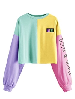 Women's Letter Print Color Block Crop Sweatshirt Long Sleeve Pullover Tops