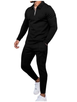 LecGee Men's Long Sleeve Tracksuit Winter Polo Shirt & Pants set 3 Pockets zip Polo Two Piece Casual Athletic Sports