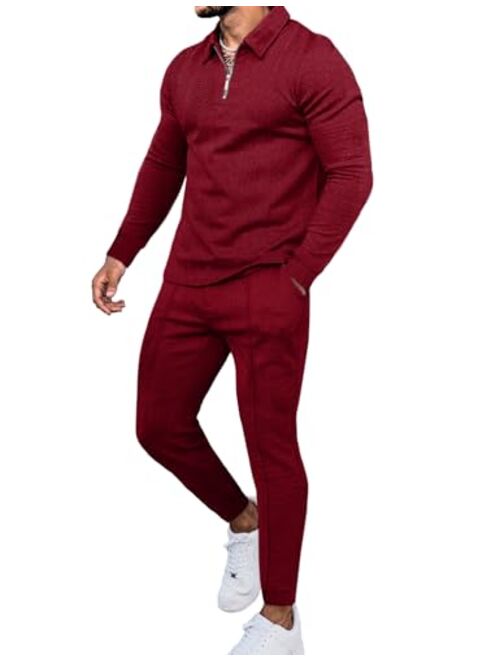 LecGee Men's Long Sleeve Tracksuit Winter Polo Shirt & Pants set 3 Pockets zip Polo Two Piece Casual Athletic Sports