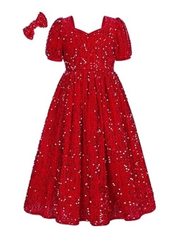 Girls Sequin Velvet Dress Short Sleeve Sparkly Tulle Princess Party Maxi Dress 5-12Y