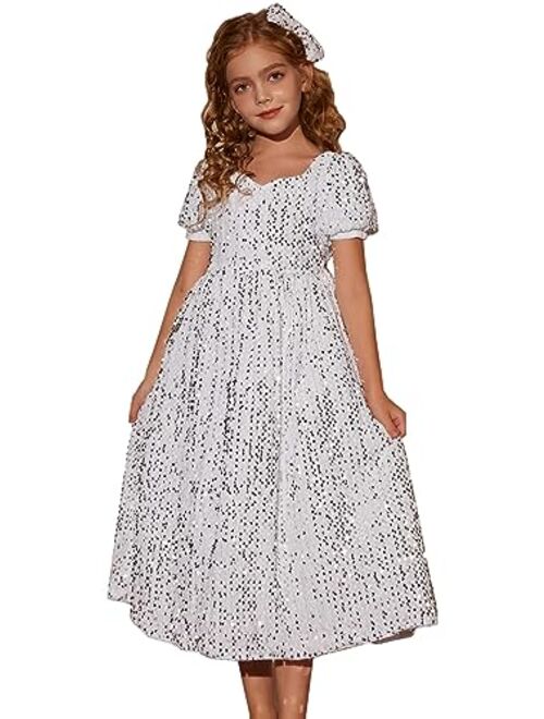 GRACE KARIN Girls Sequin Velvet Dress Short Sleeve Sparkly Tulle Princess Party Maxi Dress 5-12Y