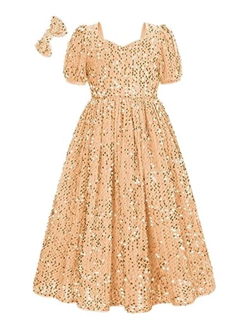 GRACE KARIN Girls Sequin Velvet Dress Short Sleeve Sparkly Tulle Princess Party Maxi Dress 5-12Y