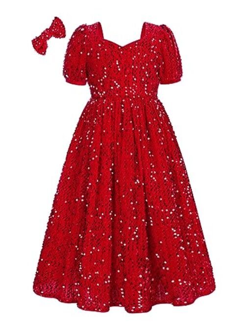 GRACE KARIN Girls Sequin Velvet Dress Short Sleeve Sparkly Tulle Princess Party Maxi Dress 5-12Y