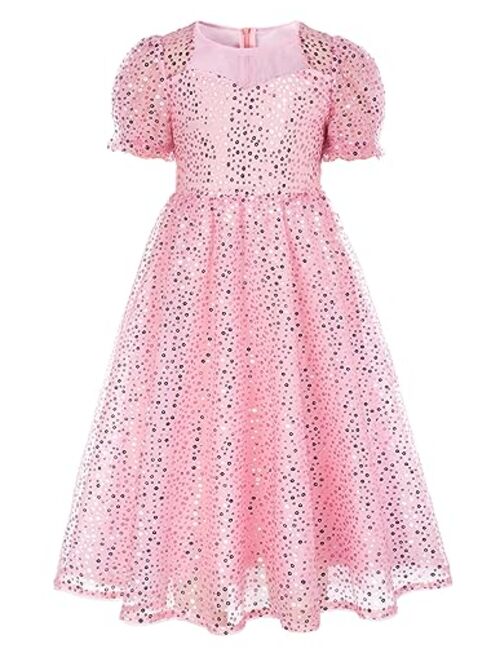 GRACE KARIN Girls Sequin Velvet Dress Short Sleeve Sparkly Tulle Princess Party Maxi Dress 5-12Y