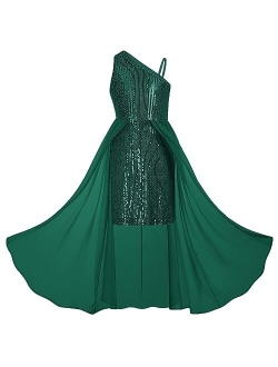 Girls Sequin Dress One Shoulder Birthday Party Prom Dresses 6-14Y