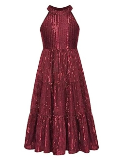 Girls Halter Neck Sequin Dress Elegant Cute Girls Party Maxi Dress for 5-14Y