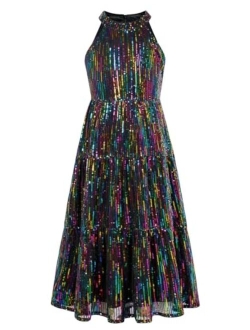 Girls Halter Neck Sequin Dress Elegant Cute Girls Party Maxi Dress for 5-14Y