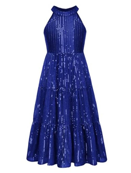 GRACE KARIN Girls Halter Neck Sequin Dress Elegant Cute Girls Party Maxi Dress for 5-14Y