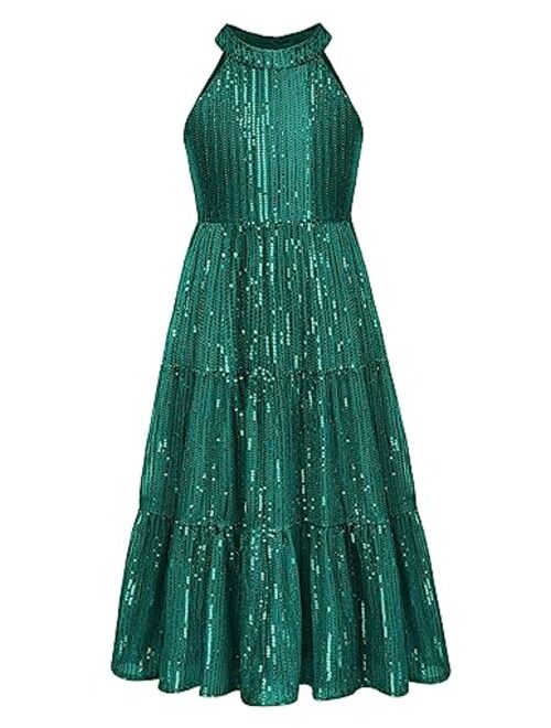 GRACE KARIN Girls Halter Neck Sequin Dress Elegant Cute Girls Party Maxi Dress for 5-14Y