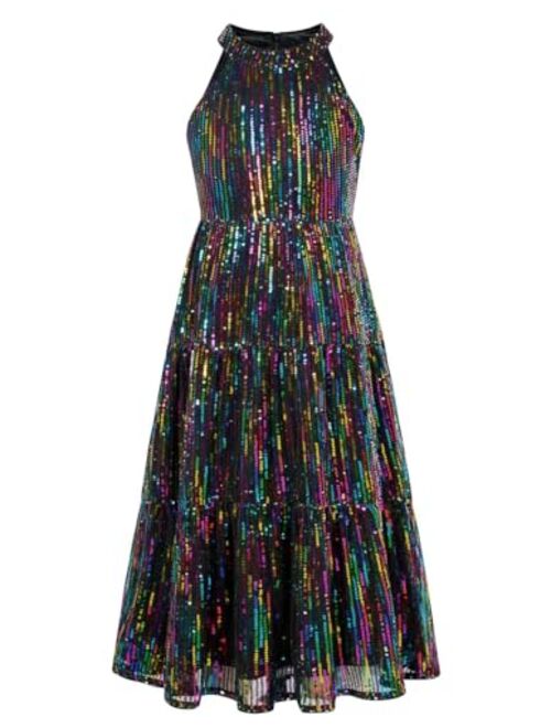 GRACE KARIN Girls Halter Neck Sequin Dress Elegant Cute Girls Party Maxi Dress for 5-14Y