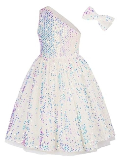 Girls Sequin Dress One Shoulder Sparkle Party Dress with Hair Bow