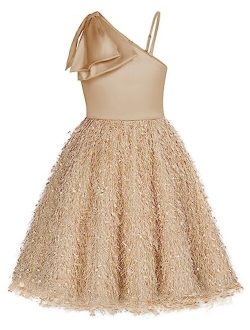 Girls Sequin Dress One Shoulder Sparkle Party Dress with Hair Bow