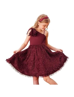 Girls Sequin Dress One Shoulder Sparkle Party Dress with Hair Bow