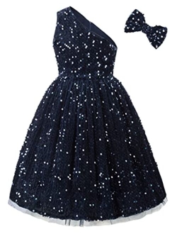 Girls Sequin Dress One Shoulder Sparkle Party Dress with Hair Bow