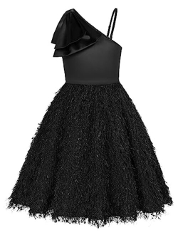 Girls Sequin Dress One Shoulder Sparkle Party Dress with Hair Bow