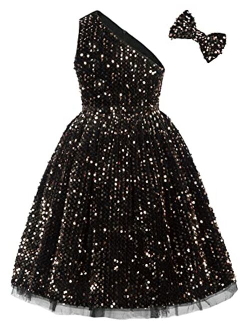 GRACE KARIN Girls Sequin Dress One Shoulder Sparkle Party Dress with Hair Bow