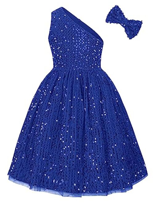 GRACE KARIN Girls Sequin Dress One Shoulder Sparkle Party Dress with Hair Bow