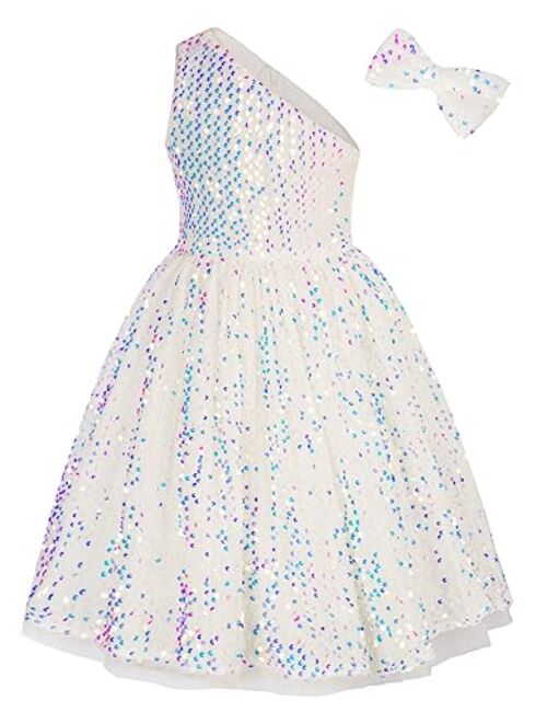 GRACE KARIN Girls Sequin Dress One Shoulder Sparkle Party Dress with Hair Bow