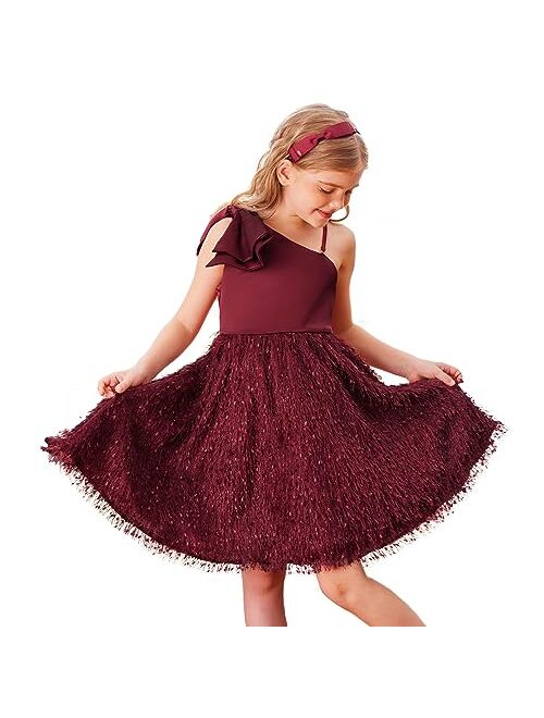 GRACE KARIN Girls Sequin Dress One Shoulder Sparkle Party Dress with Hair Bow