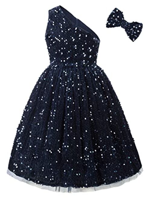 GRACE KARIN Girls Sequin Dress One Shoulder Sparkle Party Dress with Hair Bow