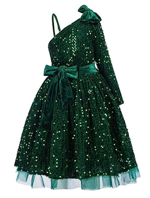 GRACE KARIN Girls Sequin Dress One Shoulder Sparkle Party Dress with Hair Bow