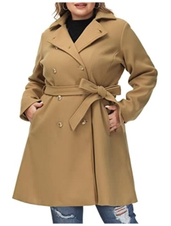 Hanna Nikole Women's Plus Size Wool Dress Coat with Belt Double Breasted Pea Coats Mid-Long Trench Coat