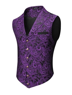 Mens Suit Vest Paisley Floral Victorian Vests Gothic Steampunk Formal Waistcoat Tuxedo Vests with Notched Lapels