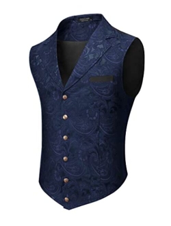 Mens Suit Vest Paisley Floral Victorian Vests Gothic Steampunk Formal Waistcoat Tuxedo Vests with Notched Lapels