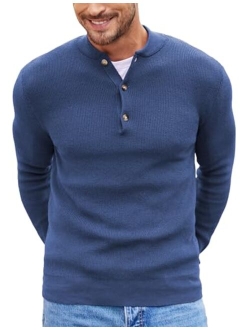 Men Henley Knit Sweater Dress Long Sleeve Button Pullover Sweater Casual Sweater